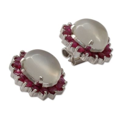 Alternate image for Genuine Ruby and Moonstone Button Earrings in 925 Silver Love and Devotion