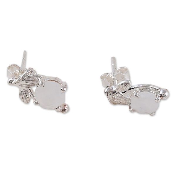 Alternate image for Rhodium-Plated Sterling Silver Rainbow Moonstone Earrings Oneiric Leaf