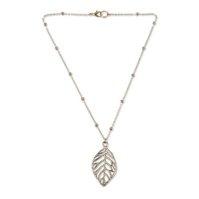 Alternate image for Brass Leaf Pendant Necklace with Jali Openwork Accents Shining Leaf