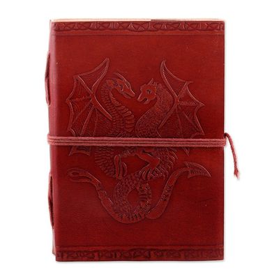 Alternate image for Embossed Cotton and Leather Dragon-Motif Journal Twin Dragons