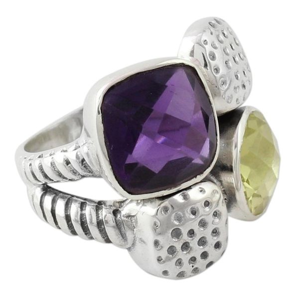Alternate image for Handmade Amethyst and Lemon Quartz Sterling Silver Ring Sparkling Temptation