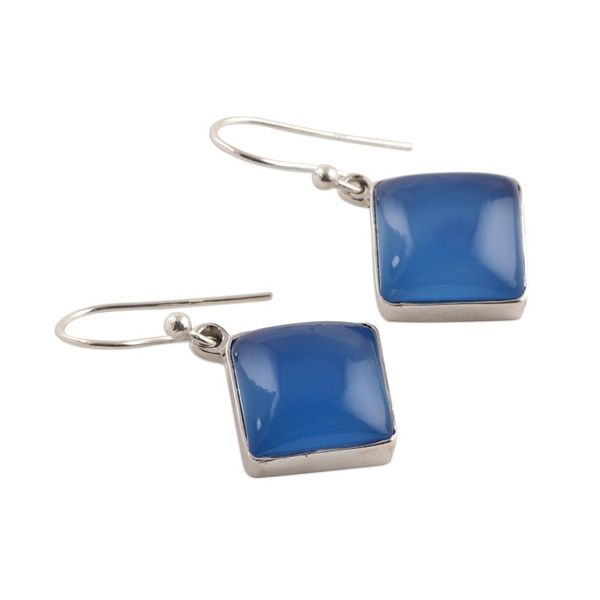 Alternate image for Square Blue Chalcedony Dangle Earrings Crafted in India Sky Squares