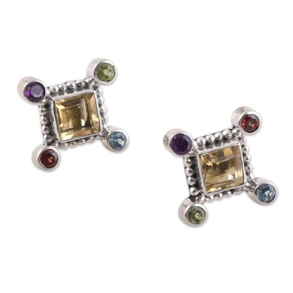 Alternate image for Three-Carat Multi-Gemstone Sterling Silver Button Earrings Color Dimensions