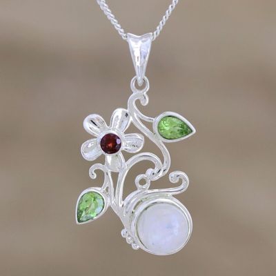 Alternate image for Peridot and Garnet Floral-Motif Pendant Necklace Garden Moon