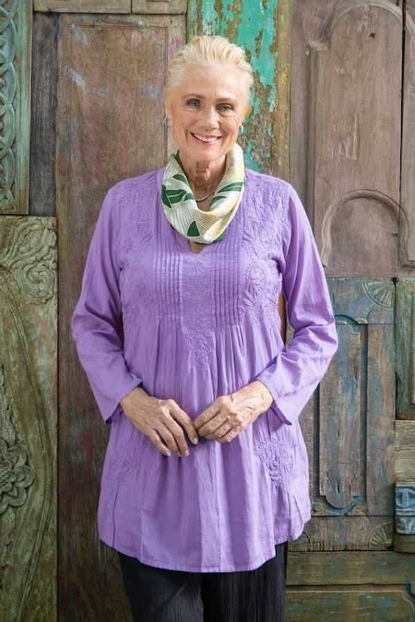 Alternate image for Hand Embroidered Lilac Cotton Tunic from India Lilac Garden