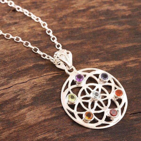 Alternate image for Multi-Gemstone and Sterling Silver Chakra Pendant Necklace Chakra Medallion