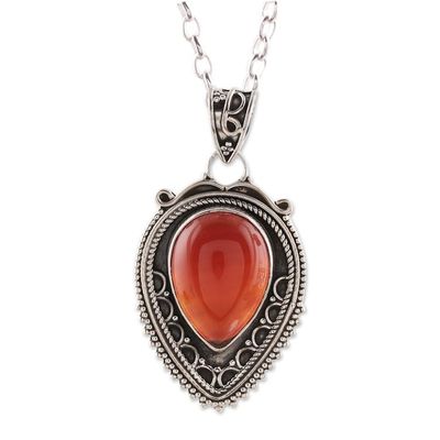 Alternate image for Red-Orange Carnelian Teardrop Pendant Necklace from India Red-Orange Drop