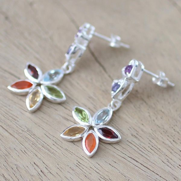 Alternate image for Multi Gemstone and Sterling Silver Floral Heart Earrings Floral Hearts