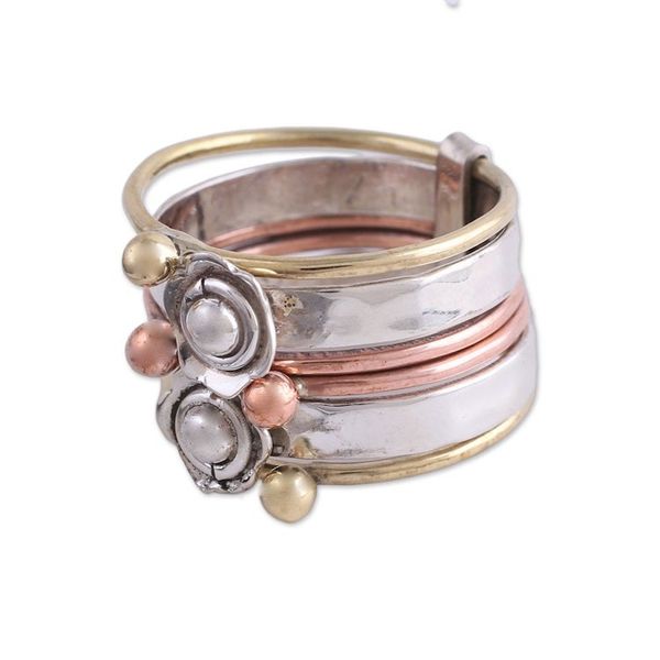 Alternate image for Fair Trade Sterling Silver Copper and Brass Meditation Ring Metallic Flowers