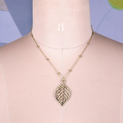 Alternate image for Brass Leaf Pendant Necklace with Jali Openwork Accents Shining Leaf