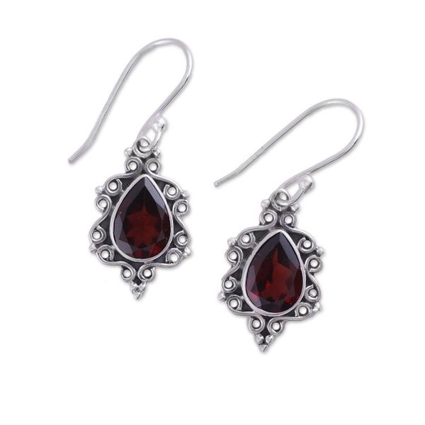 Alternate image for Sterling Silver and Garnet Dangle Earrings from India Red Intricacy