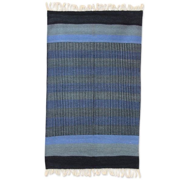 Alternate image for 3 by 5 Foot Handwoven Blue Cotton Rug from India Blue Shadow Harmony