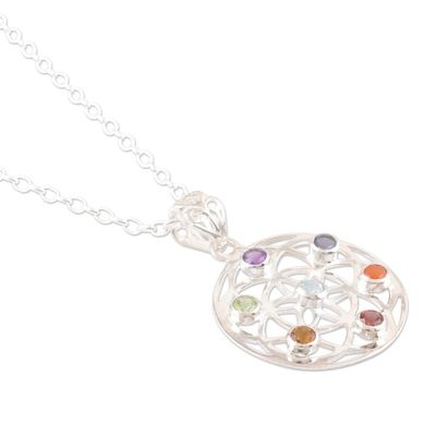 Alternate image for Multi-Gemstone and Sterling Silver Chakra Pendant Necklace Chakra Medallion