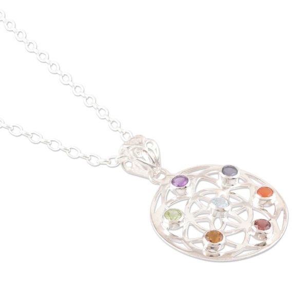 Alternate image for Multi-Gemstone and Sterling Silver Chakra Pendant Necklace Chakra Medallion
