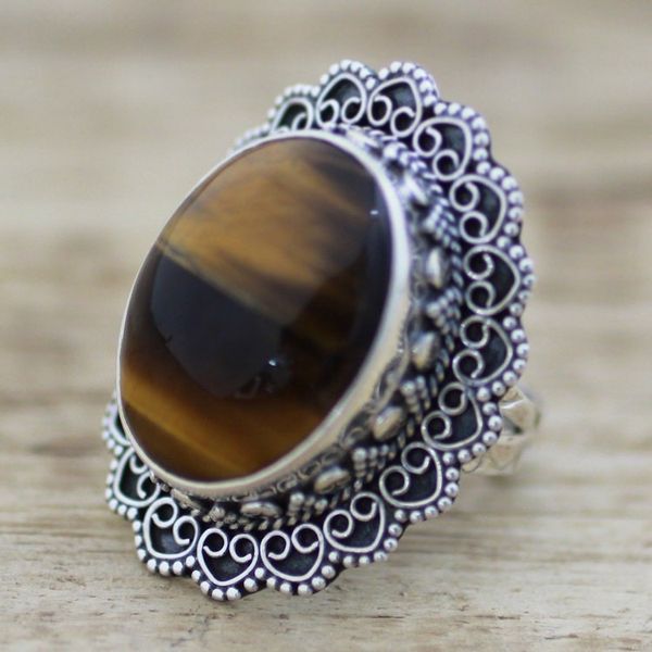 Alternate image for Hand Made Sterling Silver Tigers Eye Cocktail Ring India Halo of Petals