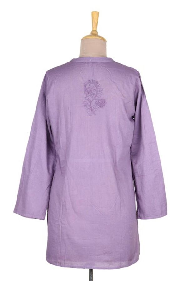 Alternate image for Hand Embroidered Lilac Cotton Tunic from India Lilac Garden