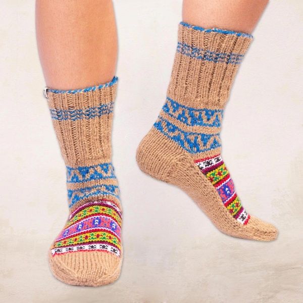 Alternate image for Hand-Knit Geometric Patterned Thick Slipper Style Socks Chai Tea