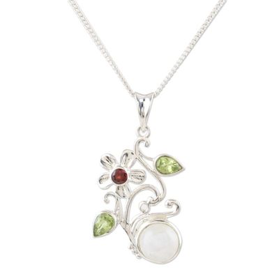 Alternate image for Peridot and Garnet Floral-Motif Pendant Necklace Garden Moon