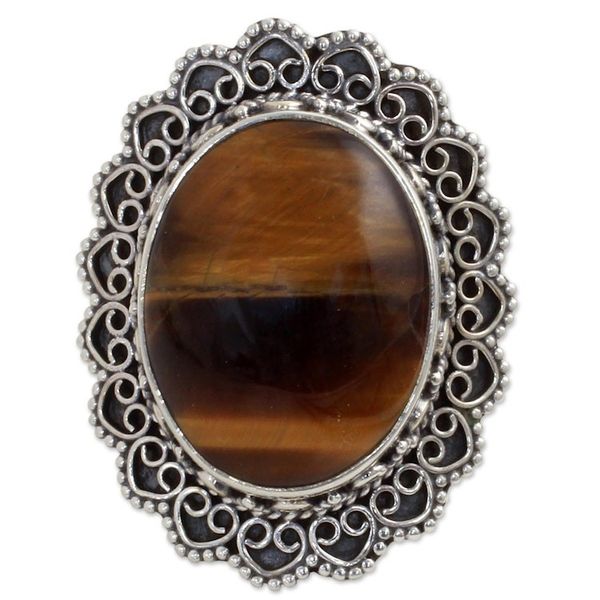 Alternate image for Hand Made Sterling Silver Tigers Eye Cocktail Ring India Halo of Petals