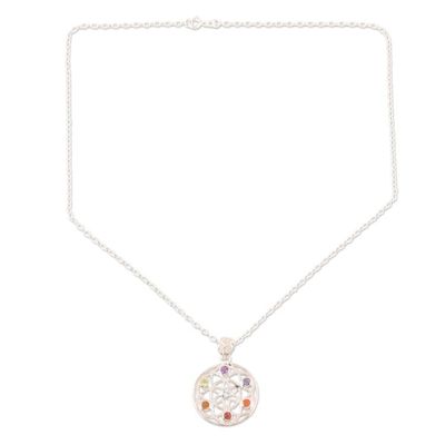 Alternate image for Multi-Gemstone and Sterling Silver Chakra Pendant Necklace Chakra Medallion