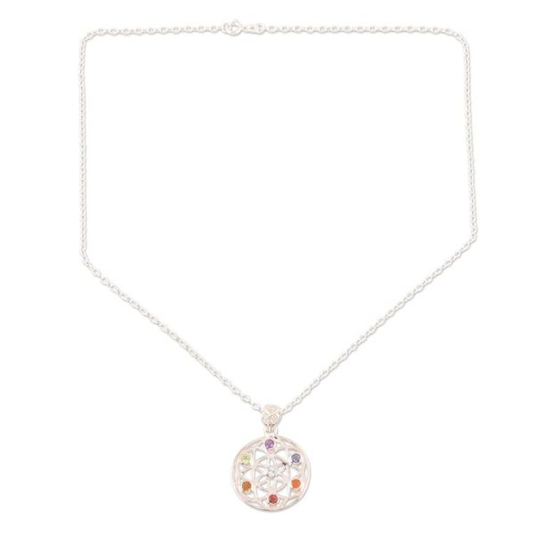 Alternate image for Multi-Gemstone and Sterling Silver Chakra Pendant Necklace Chakra Medallion