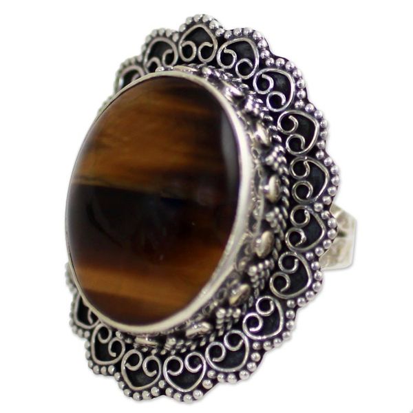 Alternate image for Hand Made Sterling Silver Tigers Eye Cocktail Ring India Halo of Petals