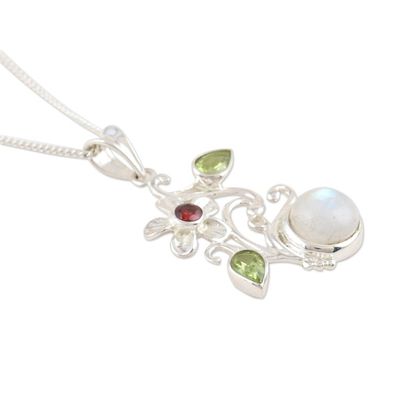 Alternate image for Peridot and Garnet Floral-Motif Pendant Necklace Garden Moon
