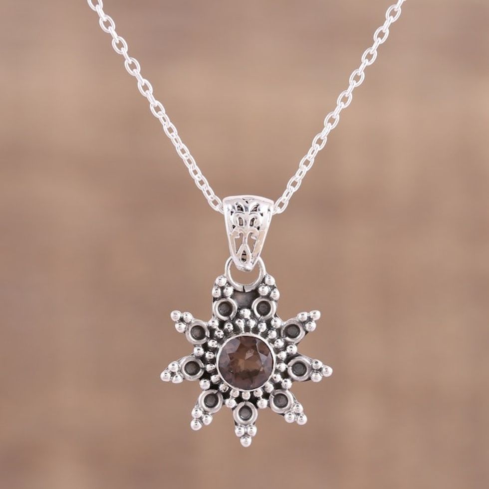 Smoky Quartz and Sterling Silver Pendant Necklace from India 'Astral Allure'