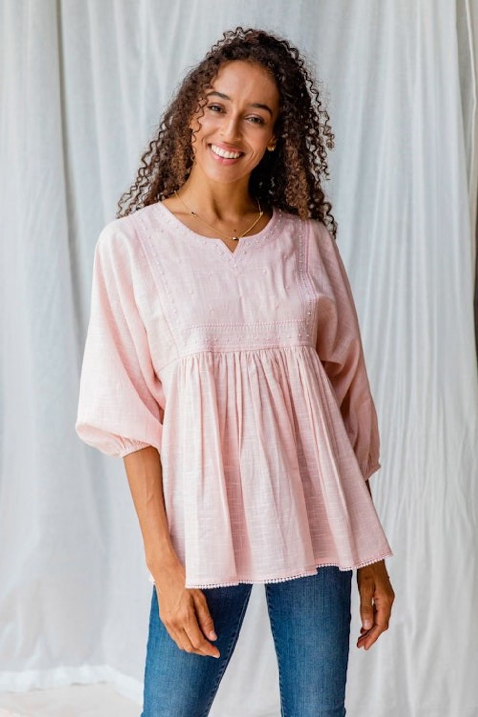 Embroidered Pink Cotton Tunic with Elastic Cuffs 'Tender Blooms'