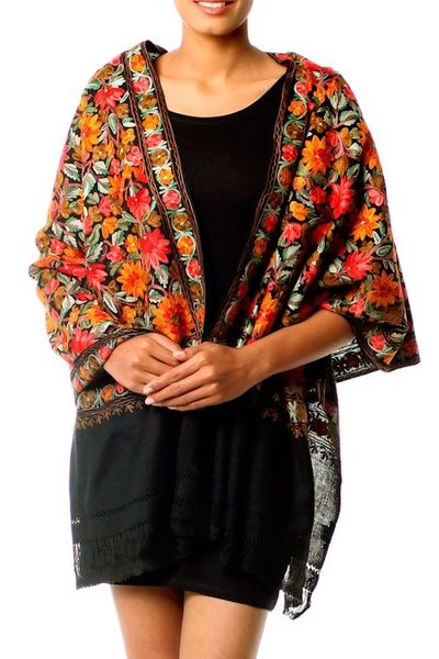 Alternate image for Free Trade Floral Chain Stitch Embroidery Black Wool Shawl Midnight Marigold