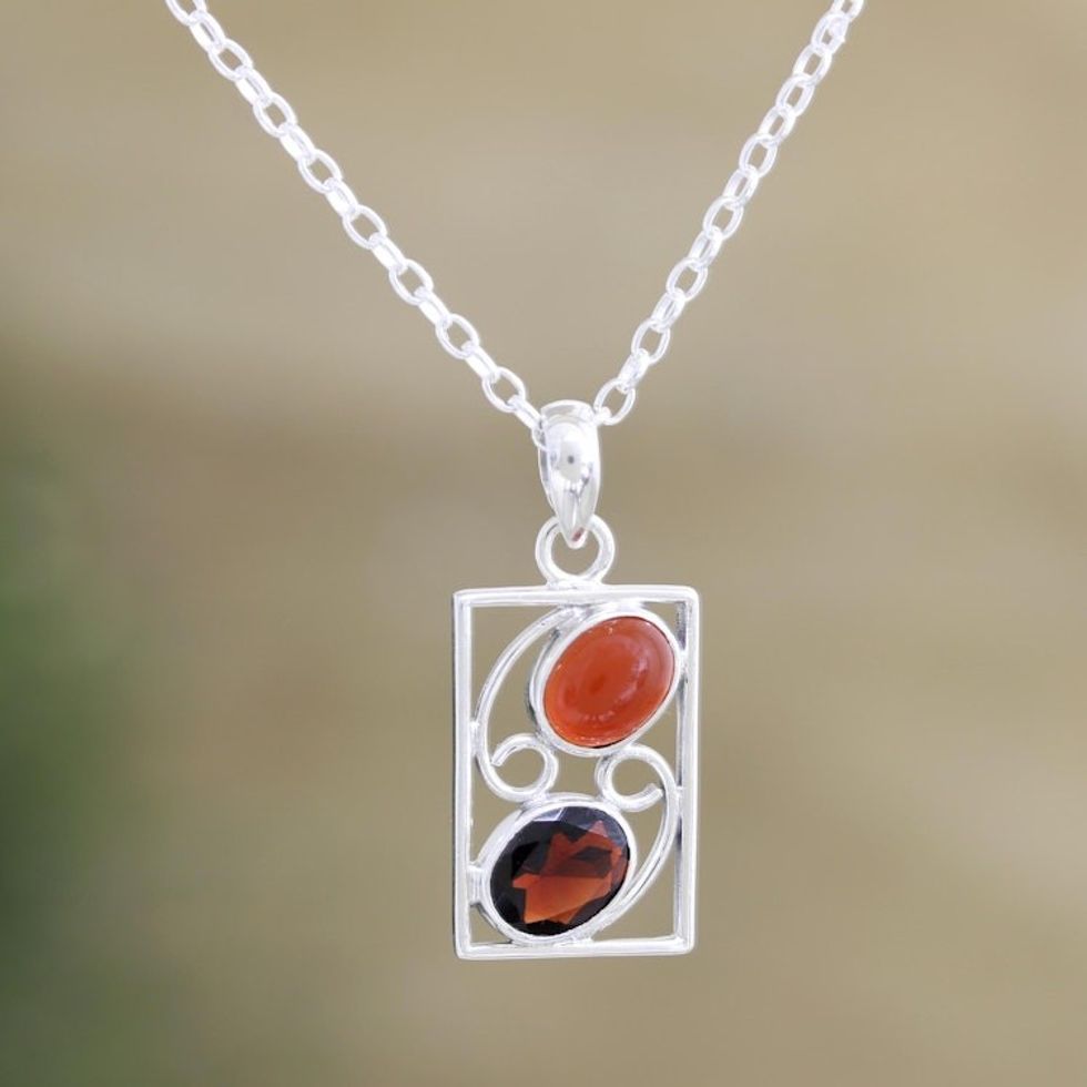 Handmade Indian Garnet and Carnelian Pendant Necklace 'Best Mates in Red'