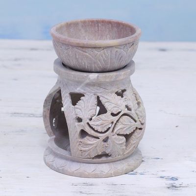 Alternate image for Handcrafted Leaf Motif Soapstone Oil Warmer from India Garden of Leaves
