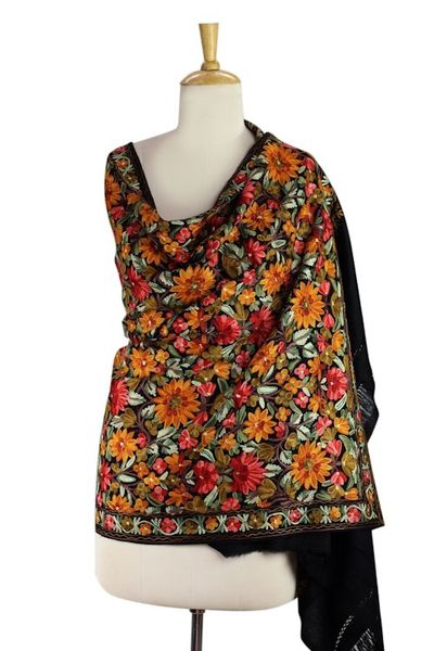 Alternate image for Free Trade Floral Chain Stitch Embroidery Black Wool Shawl Midnight Marigold