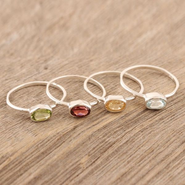 Alternate image for Peridot and Garnet Single Stone Rings Set of 4 Four Elements