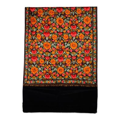 Alternate image for Free Trade Floral Chain Stitch Embroidery Black Wool Shawl Midnight Marigold
