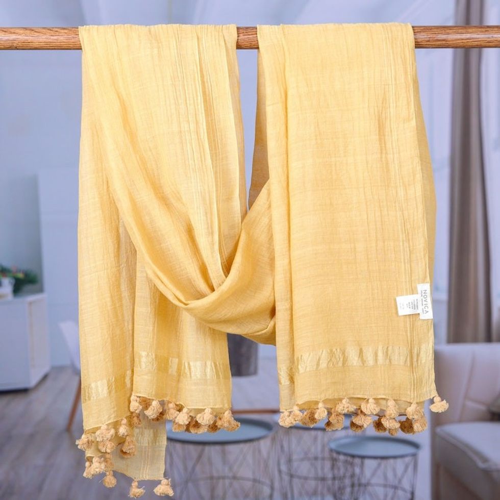 Goldenrod-Toned Cotton and Silk Blend Shawl with Tassels 'Goldenrod Pleasure'