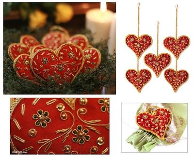Alternate image for Red Heart Shaped Beaded Ornaments from India Set of 5 Red Velvet Heart