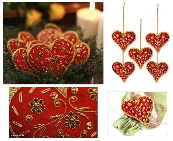 Alternate image for Red Heart Shaped Beaded Ornaments from India Set of 5 Red Velvet Heart