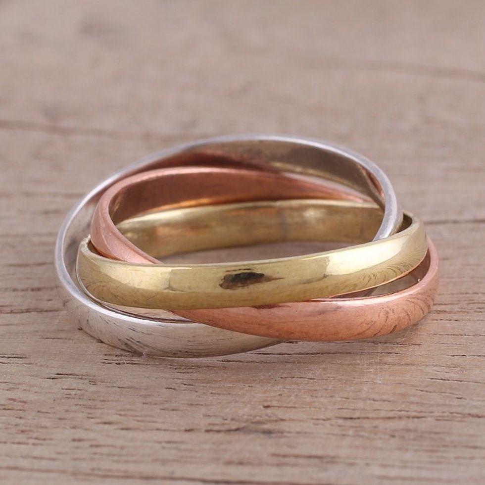 Sterling Silver Copper and Brass Band Ring from India 'Classic Trio'