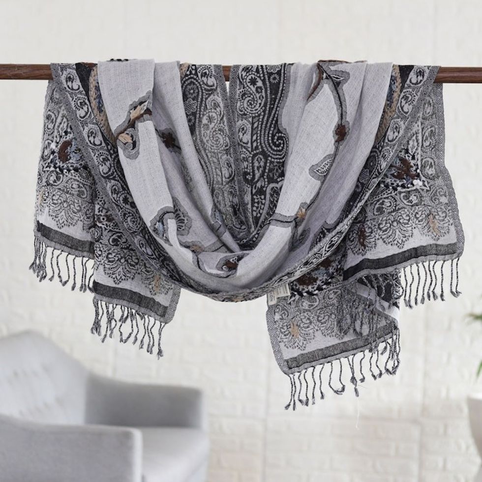 Hand-Embroidered Wool Shawl with Grey Paisley Details 'Misty Glory'