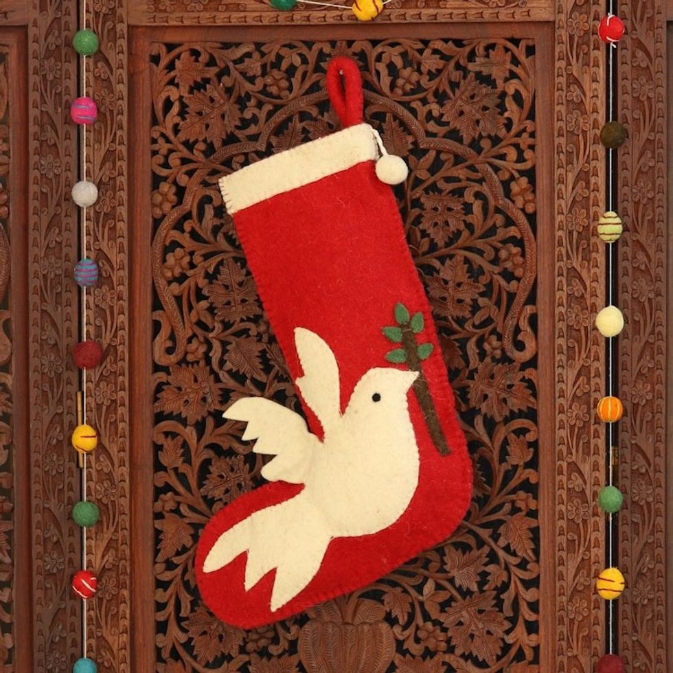 Peace Themed Red Holiday Stocking with Dove Motif 'Peaceful Dove'