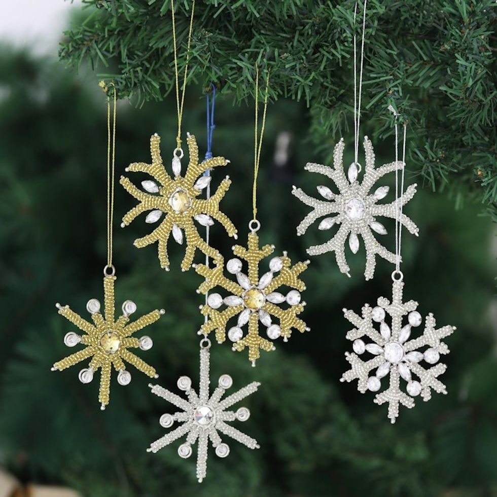 Handcrafted Beaded Snowflake Ornaments Set of 6 'Sparkling Snowflakes'