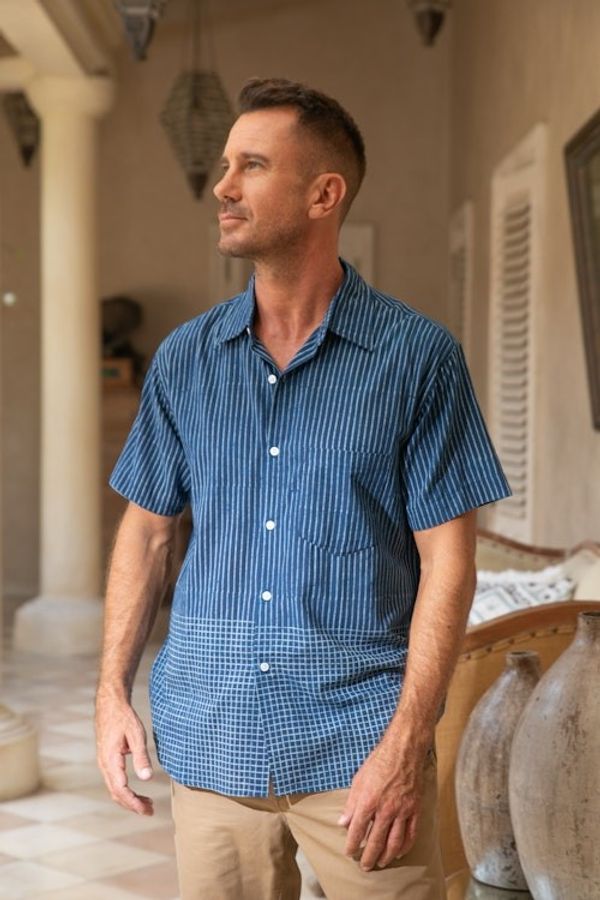 Alternate image for Mens Block-Printed Cotton Shirt Crafted in India Handsome Stripes