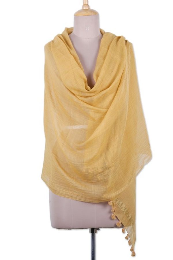 Alternate image for Goldenrod-Toned Cotton and Silk Blend Shawl with Tassels Goldenrod Pleasure