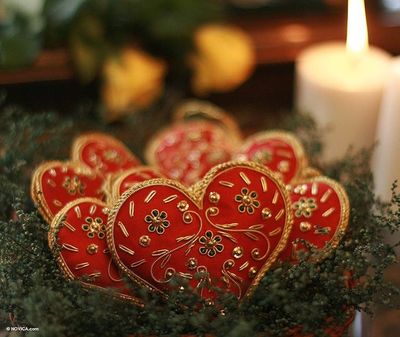 Alternate image for Red Heart Shaped Beaded Ornaments from India Set of 5 Red Velvet Heart