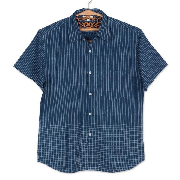 Alternate image for Mens Block-Printed Cotton Shirt Crafted in India Handsome Stripes