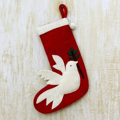 Alternate image for Peace Themed Red Holiday Stocking with Dove Motif Peaceful Dove