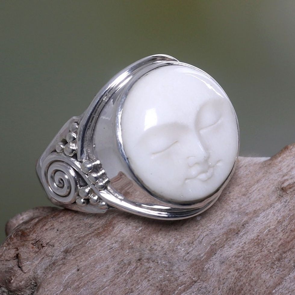 Hand Crafted Sterling Silver and Bone Cocktail Ring 'Face of the Moon'