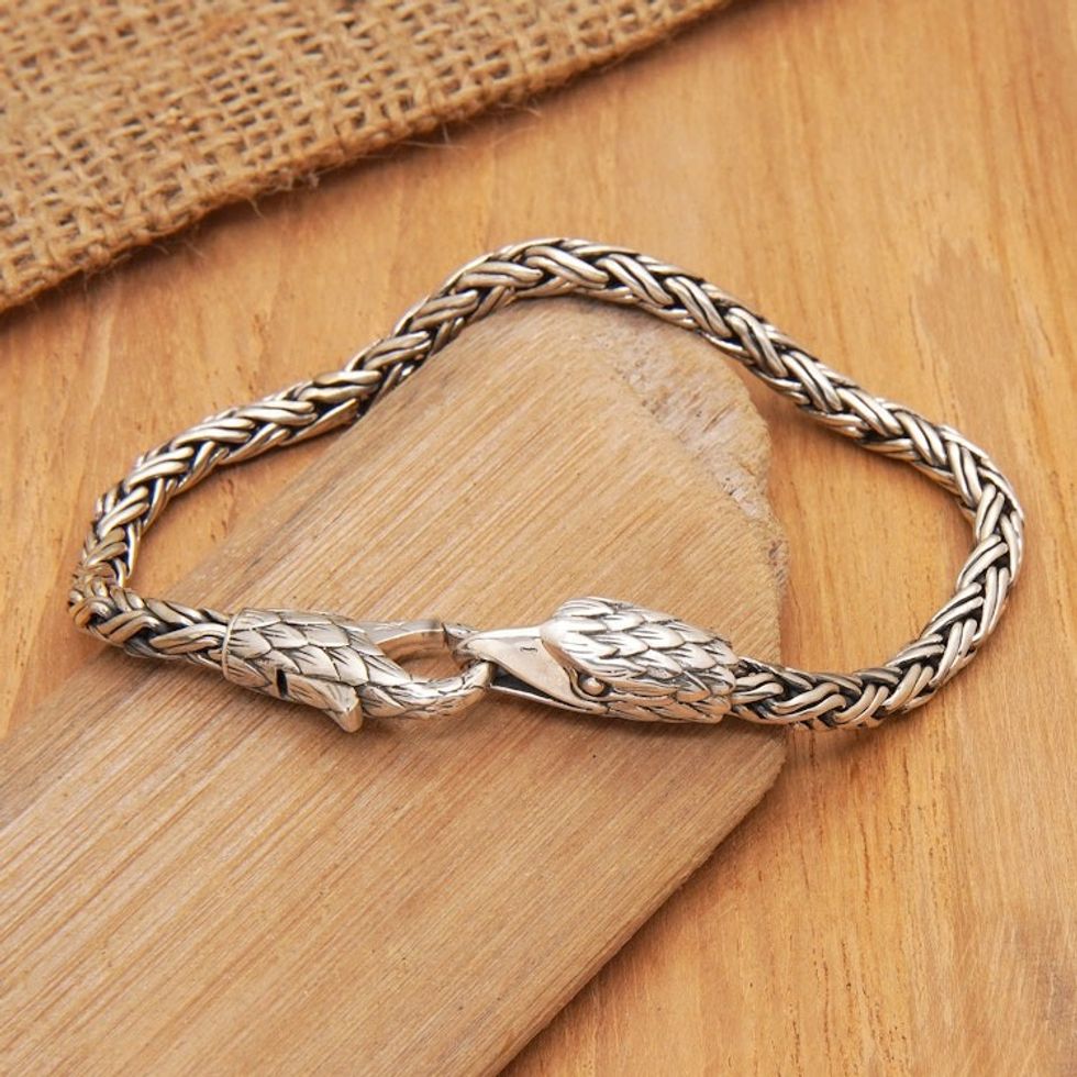 Sterling Silver Basketweave Chain Bracelet with Eagle Motif 'Bravery Feathers'