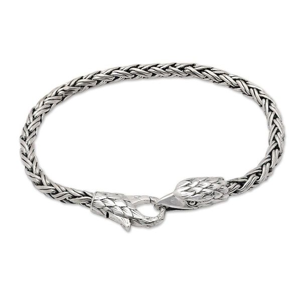Alternate image for Sterling Silver Basketweave Chain Bracelet with Eagle Motif Bravery Feathers